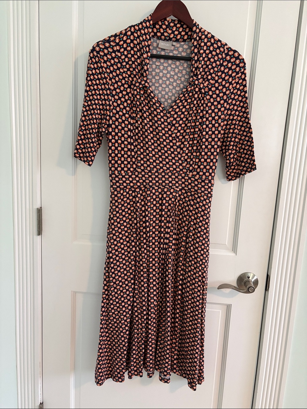 eshakti Black Midi Dress with Peach Polka Dot Print
